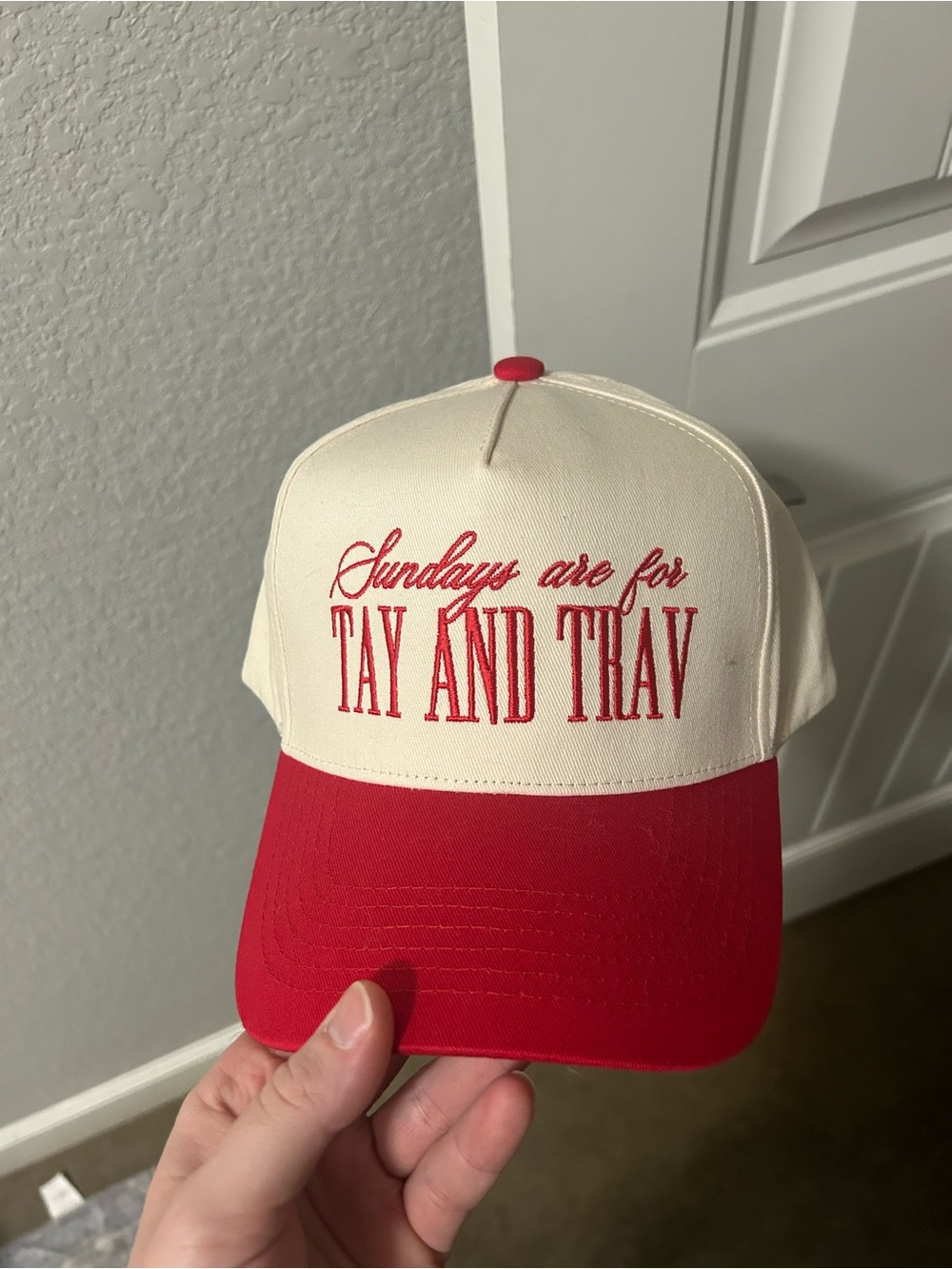 Red and Cream 'Sundays Are For TAY AND TIAV' Embroidered Trucker Hat